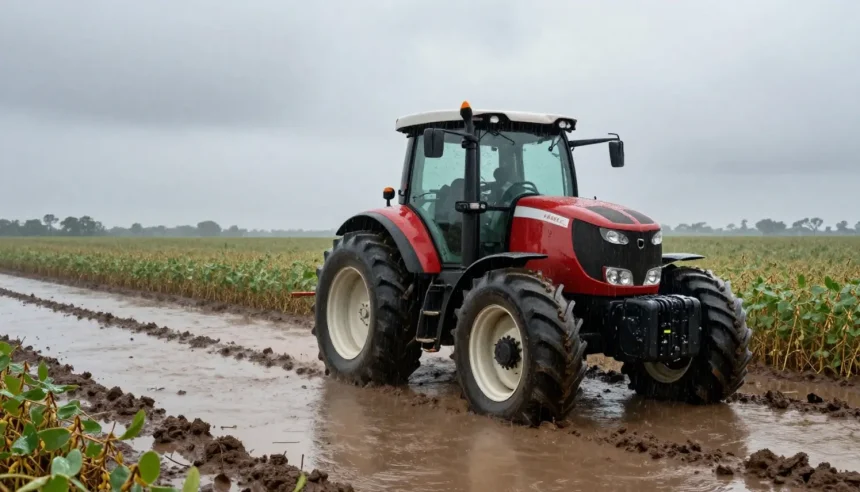 Máquina agrícola atolada em solo encharcado durante colheita de soja em Mato Grosso, com plantação ao fundo