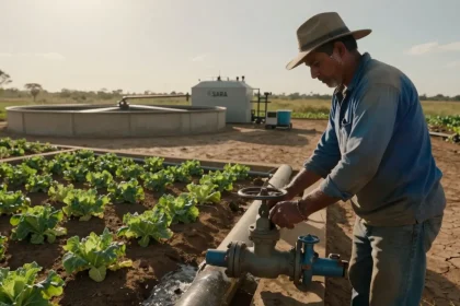 Sistema SARA em funcionamento em área rural, com unidade de tratamento de esgoto e horta irrigada ao fundo, em ambiente semiá