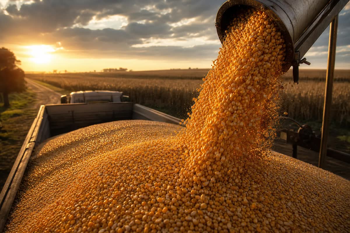 Grãos de milho sendo carregados em silo para comercialização