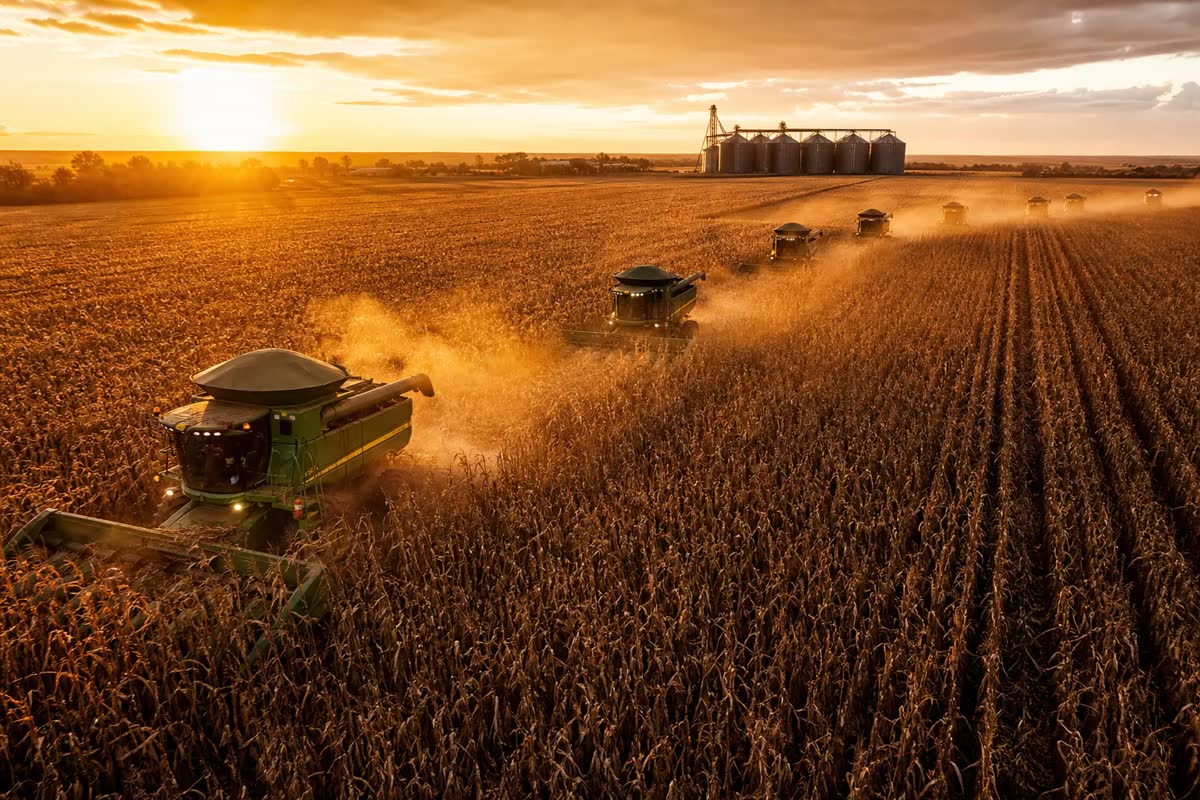 Colheita de milho safrinha em Mato Grosso com colheitadeiras em lavoura