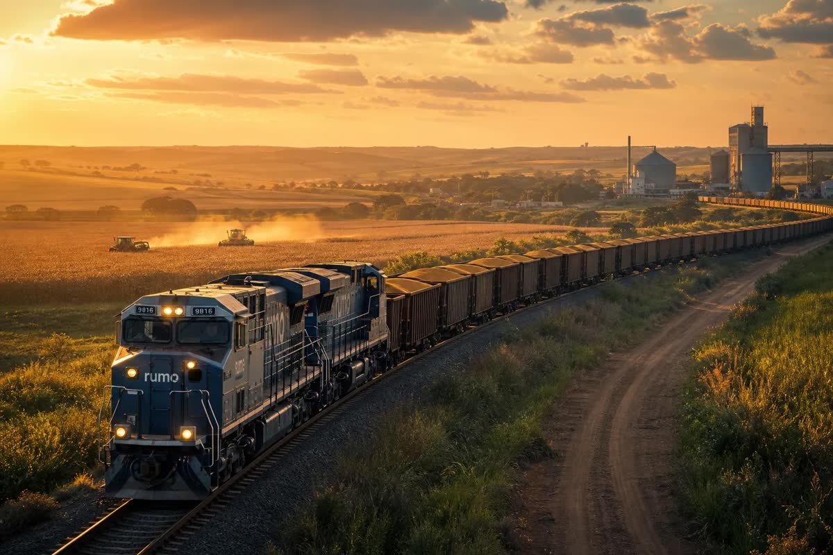 Trem carregado com graos para exportacao em ferrovia brasileira