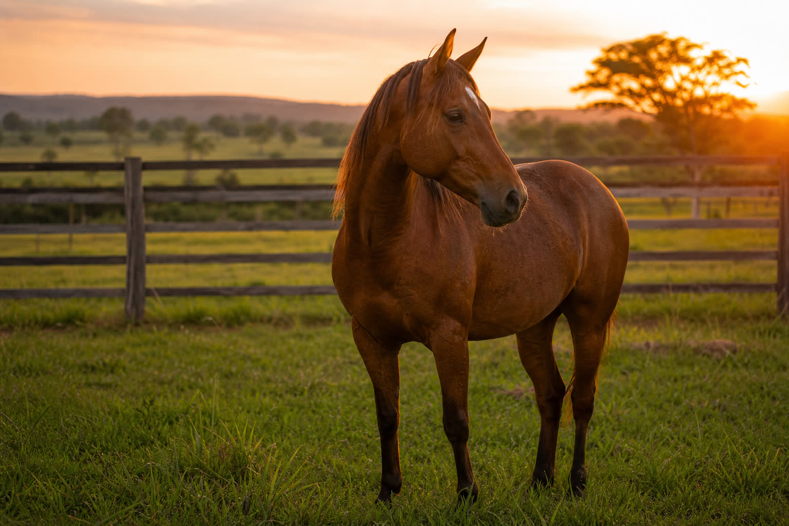 Cavalo pastando em fazenda brasileira com cerca de arame farpado e vegetação do cerrado ao fundo durante o entardecer
