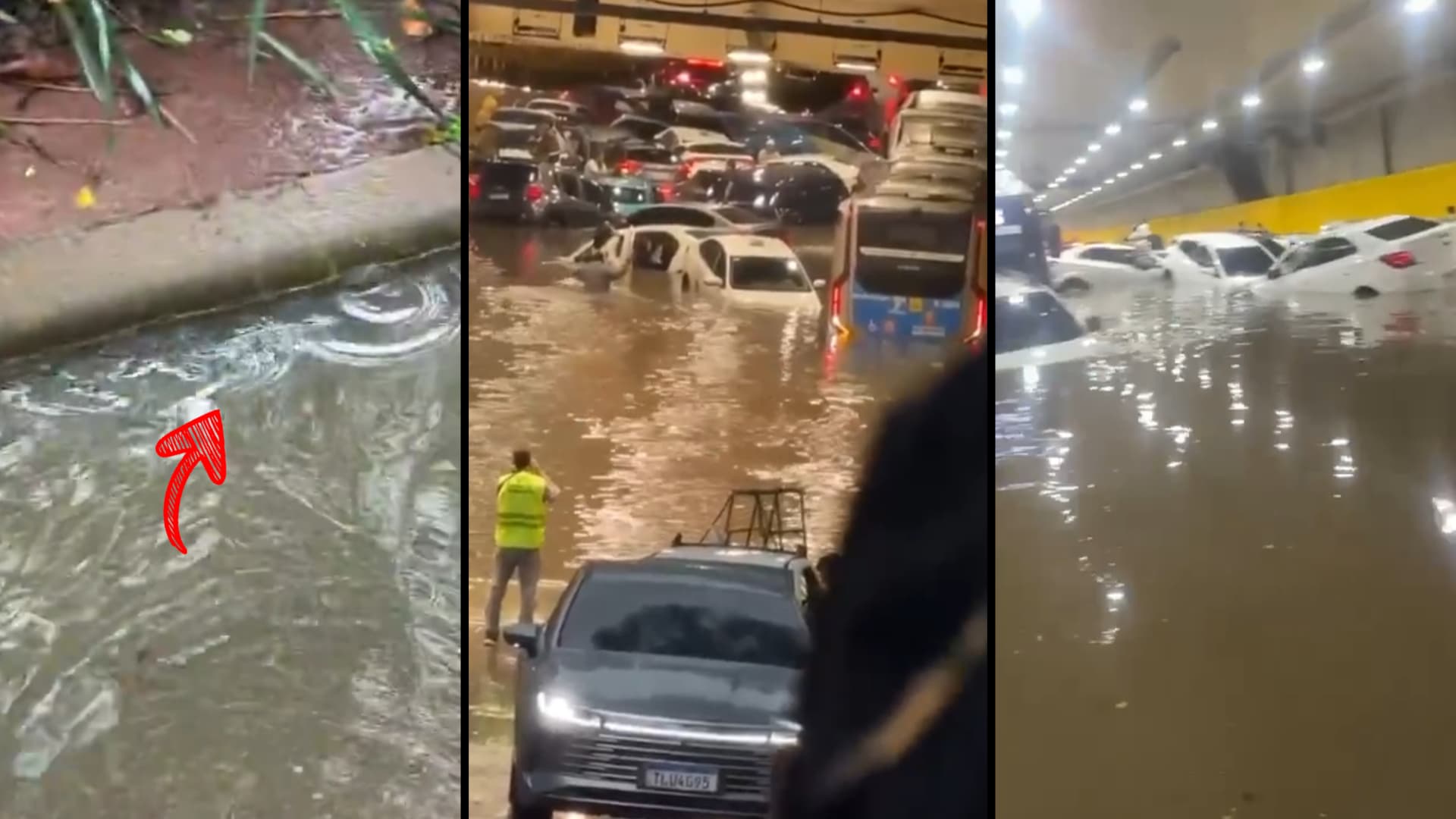 Carros boiam, ônibus fica preso e temporal transforma túnel de São Paulo em caos